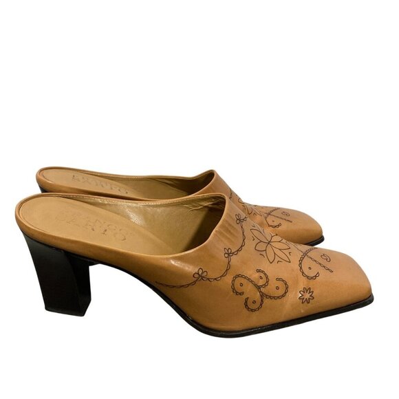 Franco Sarto Tan Leather Etched Slip-On Square Toe Block Heel Mules  Size 10 - Picture 3 of 10